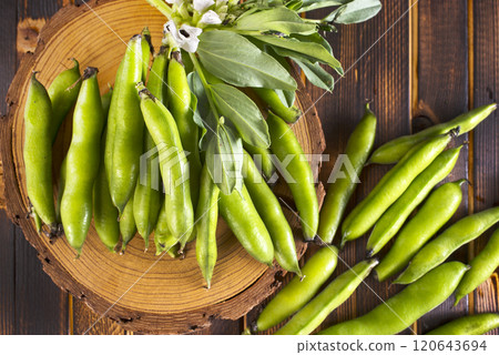 Green beans close up top view background. Green beans close up top view background. 120643694
