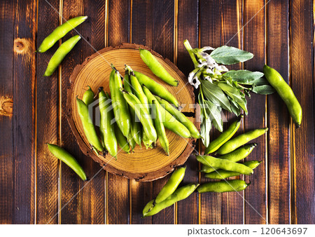Green beans close up top view background. Green beans close up top view background. 120643697