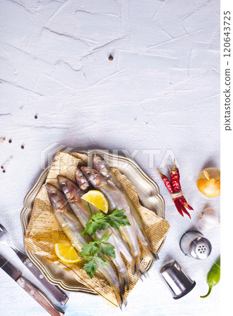 Top view of pile of fresh raw fish Top view of pile of fresh raw fish 120643725