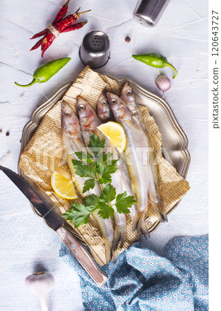 Top view of pile of fresh raw fish 120643727