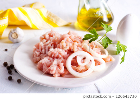 Minced Meat with herbs and onion on wooden table Minced Meat with herbs and onion on wooden table 120643730