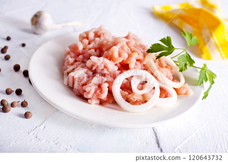 Minced Meat with herbs and onion on wooden table 120643732
