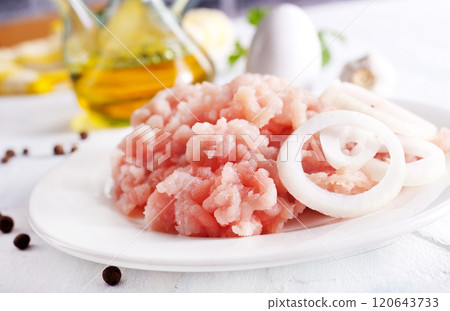 Minced Meat with herbs and onion on wooden table Minced Meat with herbs and onion on wooden table 120643733