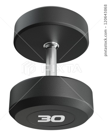 Blank Round Rubber Dumbbell with number 30, weightlifting gym equipment top view 120643868