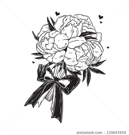 Bride bouquet vector illustration, wedding flowers, summer peony celebration design romantic print.  120643939