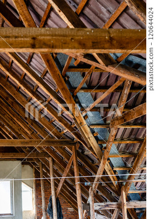 wooden rafters supporting roof tiles in attic 120644024
