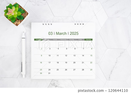 Desk calendar on month of March 2025 with pen on white marble background. 120644110