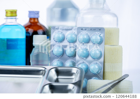 Medical equipment for treating infections. Wound care dressing set. Medical supplies for nurses. Conform bandage, forceps, cotton ball with alcohol. Sterile dressing materials. Healthcare equipment. Medical equipment for treating infections. Wound care dressing set. Medical supplies for nurses. Conform bandage, forceps, cotton ball with alcohol. Sterile dressing materials. Healthcare equipment. 120644188