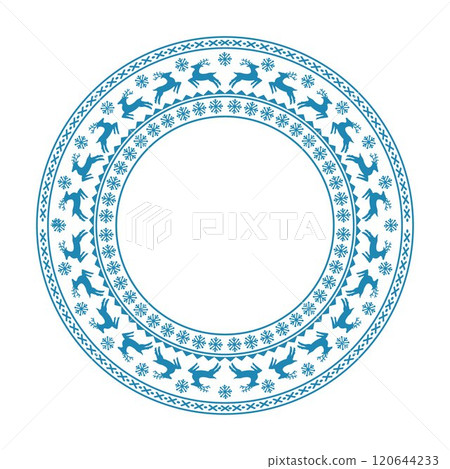Festive Christmas frame with Scandinavian pattern, with reindeer and snowflakes Festive Christmas frame with Scandinavian pattern, with reindeer and snowflakes 120644233