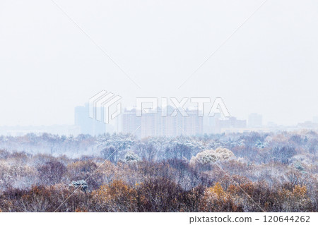 snowy sky over city park covered with first snow 120644262