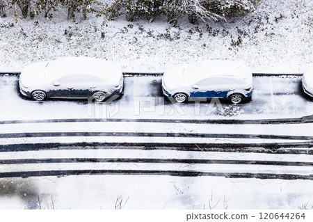 aerial view of snow covered car parking area aerial view of snow covered car parking area 120644264