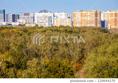colorful city park and high-rise urban houses 120644270