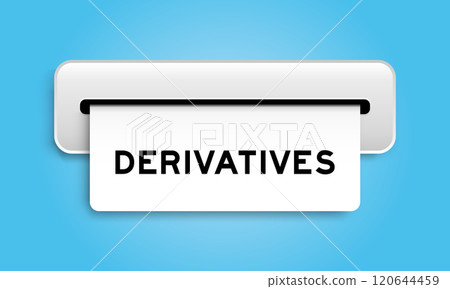 White coupon banner with word derivatives from machine on blue color background 120644459