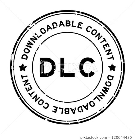 Grunge black DLC downloadable content word round rubber seal stamp on white background 120644480