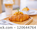 Croissant Bakery homemade on the table breakfast tray with gold and crispy 120644764