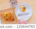 Croissant Bakery homemade on the table breakfast tray with gold and crispy 120644765