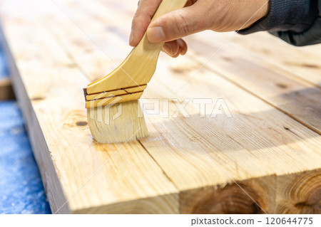 在木材上塗抹防腐劑 120644775