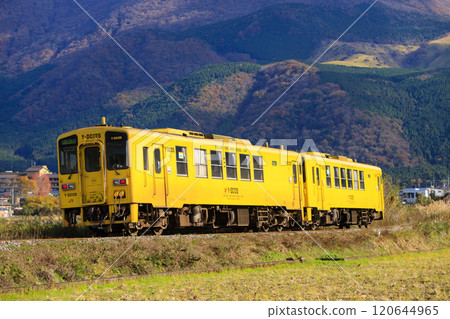背景為彩色山脈的黃色列車（JR 九州機波 125 型）繞 16 個轉彎 120644965