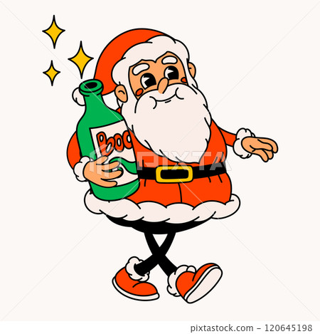 Happy Santa Claus with bottle. Groovy vintage funny Santa character. Happy Santa Claus with bottle. Groovy vintage funny Santa character. 120645198
