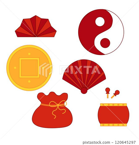 Graphic CNY elements set. red fav, bag, drum, gold coin and ying yang vector illustration on transparent background. New Year's Eve dinner, and festive decorations 120645297