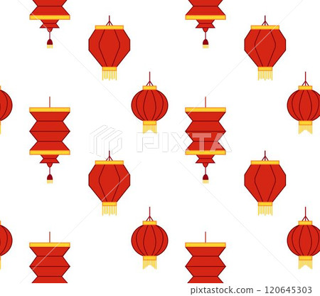 Happy Chinese new year red lanterns background vector. design wallpaper with Chinese seamless pattern, gold hanging lantern. Modern luxury oriental illustration for cover, banner, website, decor. Happy Chinese new year red lanterns background vector. design wallpaper with Chinese seamless pattern, gold hanging lantern. Modern luxury oriental illustration for cover, banner, website, decor. 120645303