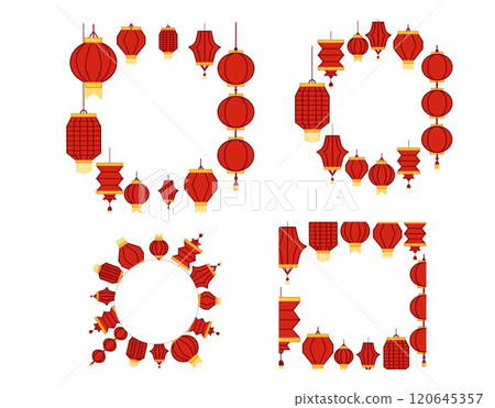 Happy Chinese new year festival red lantern circle round frame set. Graphic Vector illustration design for Poster, Banner, Greeting, Card, Flyer, Cover, Post. Happy Chinese new year festival red lantern circle round frame set. Graphic Vector illustration design for Poster, Banner, Greeting, Card, Flyer, Cover, Post. 120645357