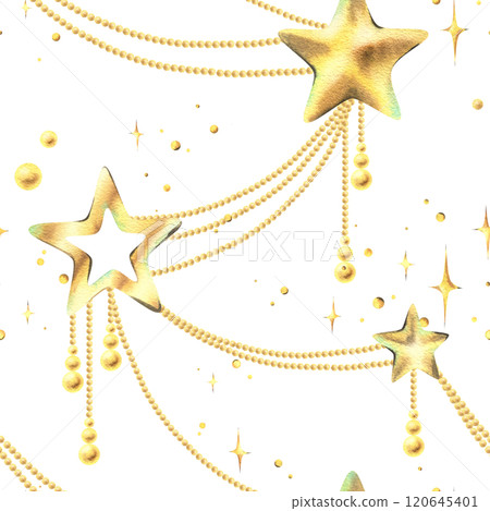Golden stars Christmas toys with beads of different sizes, sparkling stars. Christmas, New Year, winter watercolor illustration hand drawn. Seamless pattern on a white background 120645401