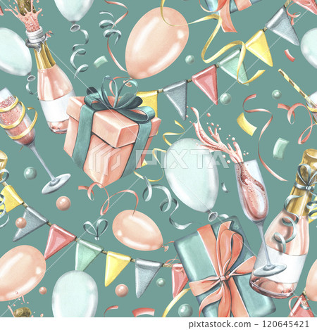 Festive balloons, gifts, champagne in glasses and bottles, confetti and flag garlands. Watercolor illustration. Seamless pattern from the collection of HAPPY BIRTHDAY. For design of congratulations Festive balloons, gifts, champagne in glasses and bottles, confetti and flag garlands. Watercolor illustration. Seamless pattern from the collection of HAPPY BIRTHDAY. For design of congratulations 120645421