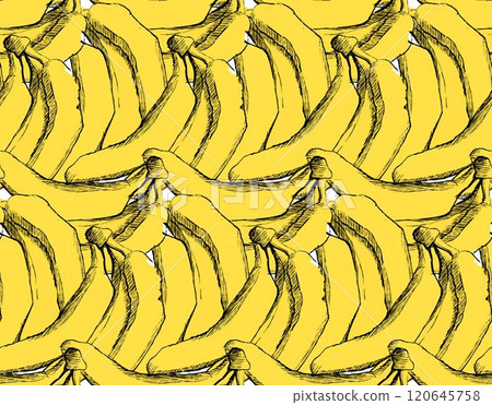 Banana tropical vector seamless pattern. The lively yellow backdrop in graphic dence pattern and intricately drawn bananas create a sense of delightful bliss 120645758