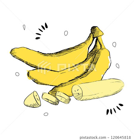 Three bananas with slices forming a composition are isolated on a white background. Vector graphic illustration 120645818