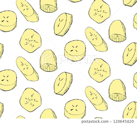 Exotic tropical seamless pattern with banana slices. Perfect print for paper, textile and fabric. Hand drawn graphic vector illustration. 120645820
