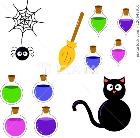 Cartoon vector halloween set of isolated black cat, potions, witch broom, spider on the white background Cartoon vector halloween set of isolated black cat, potions, witch broom, spider on the white background 120645910