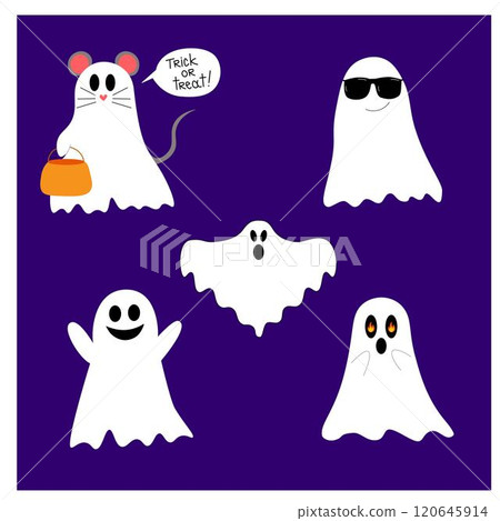 Halloween ghosts  set. Boo characters, spooky scary silhouettes in sheets, eerie faces. Creepy spooks, horror shadows. October holiday spirits. Isolated cartoon vector illustrations 120645914