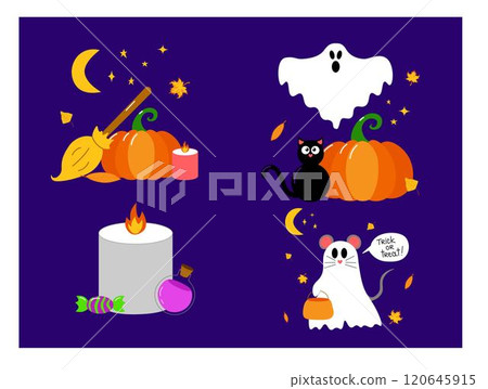 Set collection of vector compositions for Halloween. Magic vector set of illustrations with ghost, pumpkin, candle, black cat, candy, bat, baby in fairy costume. Set collection of vector compositions for Halloween. Magic vector set of illustrations with ghost, pumpkin, candle, black cat, candy, bat, baby in fairy costume. 120645915