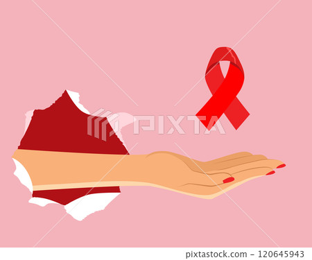 World AIDS Day Ribbon Symbol Female Hand Vector Illustration 120645943