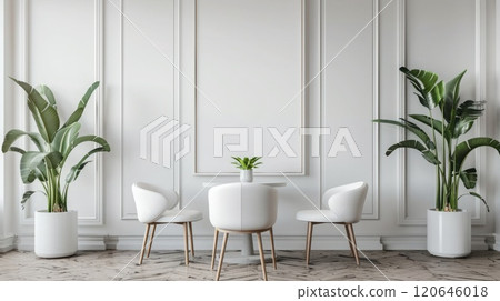 Simple and elegant roll-up mockup poster in a trendy cafe or restaurant, ideal for advertising, light background, minimalism. Roll up mockup poster 120646018