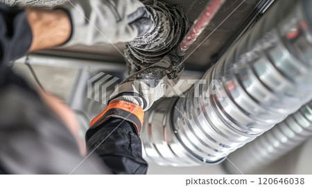 Air ducts being cleaned by a technician, focusing on removing dust and improving ventilation. HVAC service technician. Copyspace Air ducts being cleaned by a technician, focusing on removing dust and improving ventilation. HVAC service technician. Copyspace 120646038