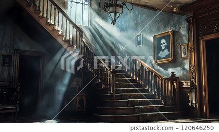 Haunted vintage mansion. An old abandoned house with stairs in semi-darkness, paintings of ghosts, monsters, beasts on the walls. Halloween backdrop. This is AI-generated item  120646250