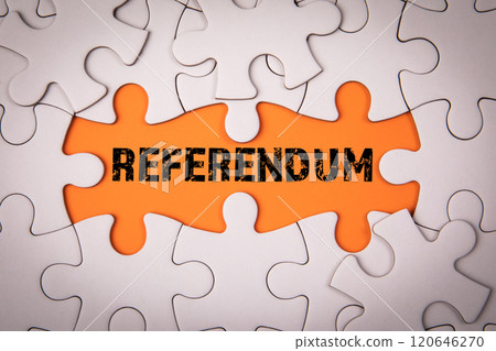 Referendum. White puzzle pieces and text on an orange background Referendum. White puzzle pieces and text on an orange background 120646270