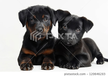 Two adorable Rottweiler puppies cuddle closely, showcasing their shiny black fur with distinct brown markings. They appear calm and curious, enjoying a moment of rest on a light surface. 120646283
