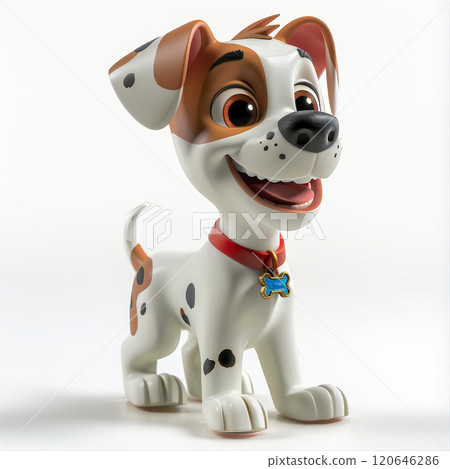 A charming cartoon dog figurine stands proudly, featuring a playful expression and colorful spots. The character is highlighted against a clean, white backdrop, enhancing its joyful appearance. A charming cartoon dog figurine stands proudly, featuring a playful expression and colorful spots. The character is highlighted against a clean, white backdrop, enhancing its joyful appearance. 120646286