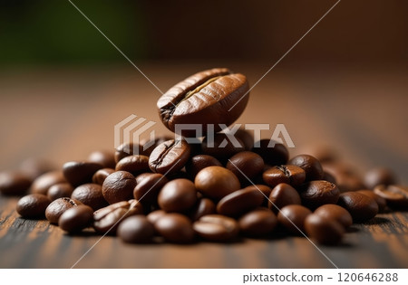 A close-up of a pile of roasted coffee beans showcasing their rich color and texture. Natural light highlights the glossy surface of the beans, creating an inviting feel. 120646288