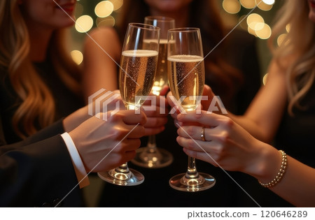 Four friends gather together, raising their glasses of champagne in a toast. The setting is warm and inviting, illuminated by soft lights, perfect for a joyful celebration. Four friends gather together, raising their glasses of champagne in a toast. The setting is warm and inviting, illuminated by soft lights, perfect for a joyful celebration. 120646289