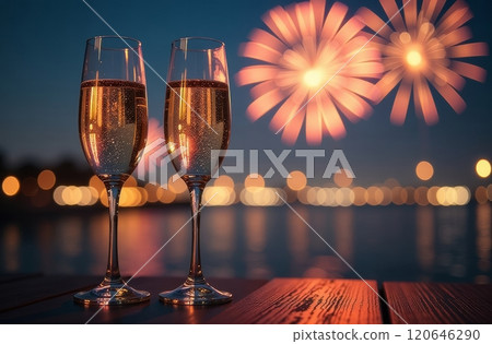 Sparkling drinks sit on a wooden surface as fireworks light up the night sky over calm water. The festive atmosphere creates a perfect backdrop for celebration and joy. Copy space 120646290