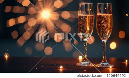 Two elegant champagne glasses filled with bubbly drink are placed on a table. A festive backdrop of sparkling lights enhances the celebratory atmosphere, perfect for a special occasion. Copy space 120646292