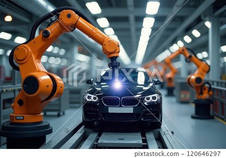 In a high-tech manufacturing facility, robotic arms are meticulously assembling a sleek black car. The environment is bright and filled with advanced machinery and equipment, showcasing innovation. In a high-tech manufacturing facility, robotic arms are meticulously assembling a sleek black car. The environment is bright and filled with advanced machinery and equipment, showcasing innovation. 120646297