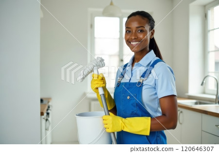 A woman in a bright kitchen holds a mop and bucket, wearing rubber gloves and a cheerful expression. Copy space A woman in a bright kitchen holds a mop and bucket, wearing rubber gloves and a cheerful expression. Copy space 120646307