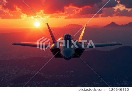 A sleek fighter jet flies gracefully at sunset, silhouetted against vibrant colors in the sky. The sun dips below the horizon, illuminating the distant mountain range in warm hues. A sleek fighter jet flies gracefully at sunset, silhouetted against vibrant colors in the sky. The sun dips below the horizon, illuminating the distant mountain range in warm hues. 120646310