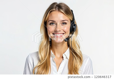 A cheerful young woman is wearing a headset while seated in a well-lit environment. She looks directly at the camera and smiles, suggesting a friendly and approachable demeanor. A cheerful young woman is wearing a headset while seated in a well-lit environment. She looks directly at the camera and smiles, suggesting a friendly and approachable demeanor. 120646317