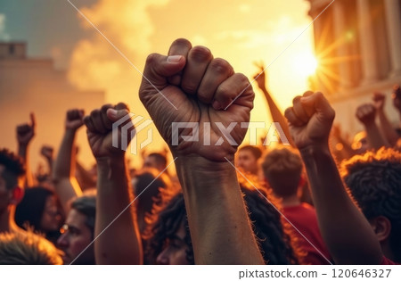 A diverse group of people stands together in solidarity, raising their fists against a vibrant sunset backdrop. A diverse group of people stands together in solidarity, raising their fists against a vibrant sunset backdrop. 120646327